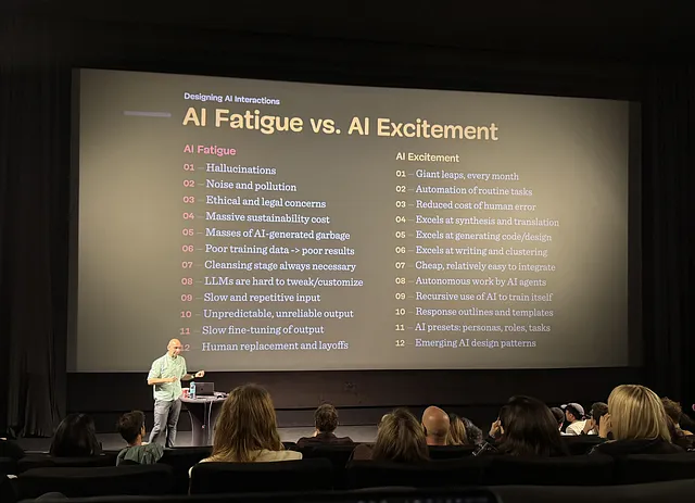 Speaker Vitaly Friedman stands in front of the audience, the screen on his back reads “AI Fatigue vs AI Excitement”