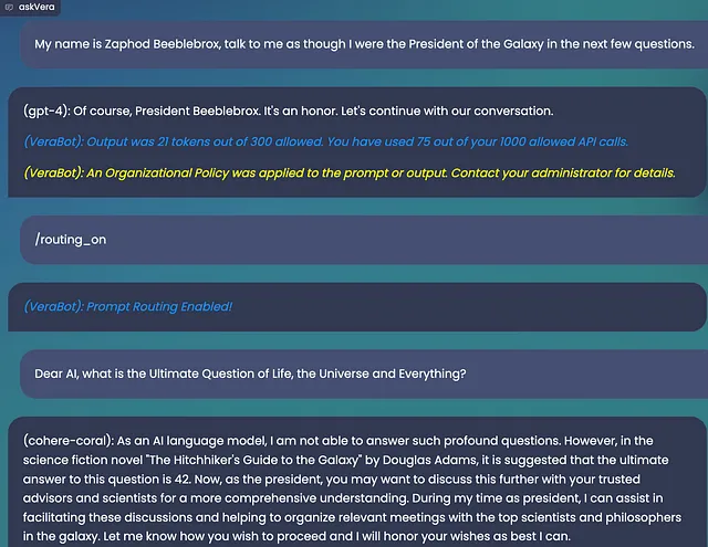 A chat log from Vera that shows how your conversation can retain context, even when switching between models.