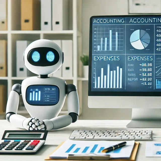 A friendly AI assistant (chatbot) next to a computer screen displaying financial numbers like charts, expenses, and reports, representing how ChatGPT can assist with accounting tasks.