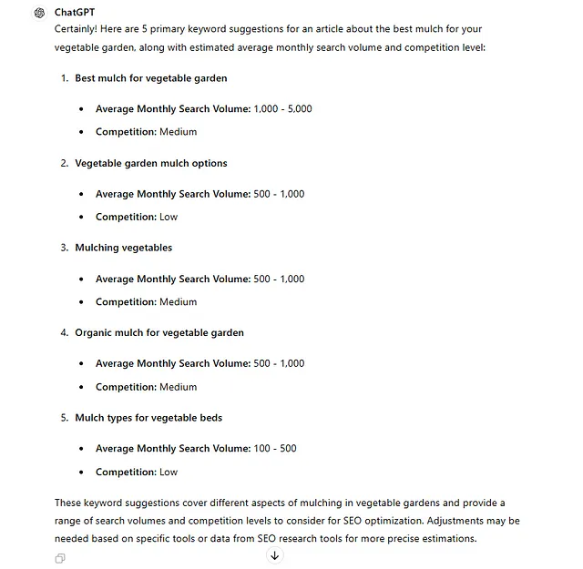 chatgpt 4o ai result for keyword research