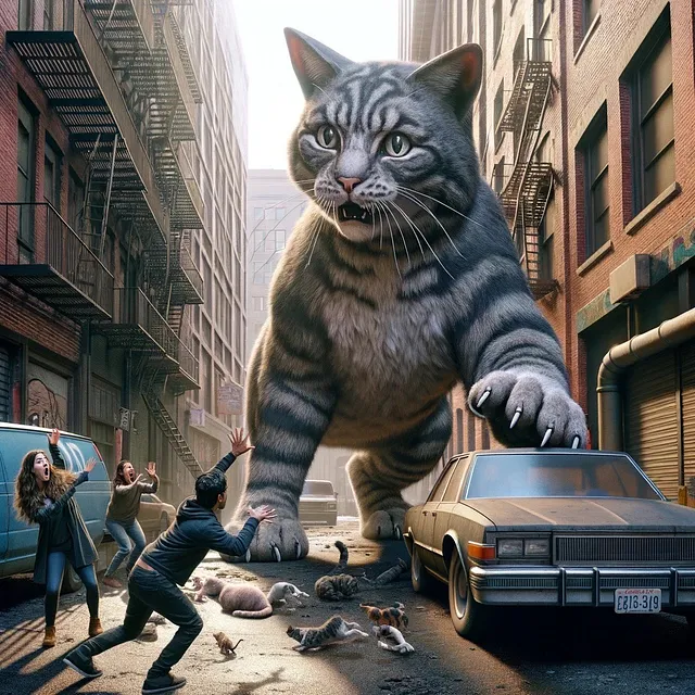 A giant cat pretending it is attacking a car like it is a mouse drawn by Dall-E