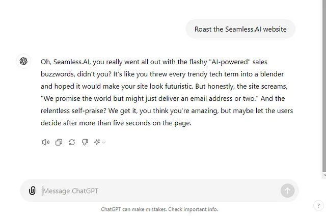 ChatGPT roasts Seamless.AI website