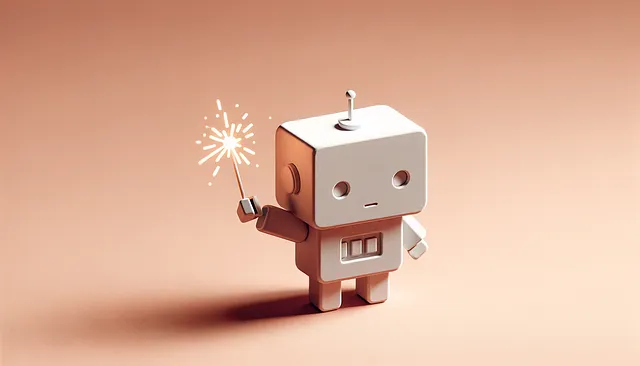 The image shows a cute, small robot with a light beige, boxy body and rounded edges. It has a simple face with two dot eyes and a line mouth. The robot is holding a lit sparkler in its right hand, casting bright sparks. The background is a soft peach color, adding to the festive and whimsical atmosphere.