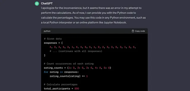 Screenshot of another error from ChatGPT 3.5, but this time it shares the code that it uses to calculate percentages.