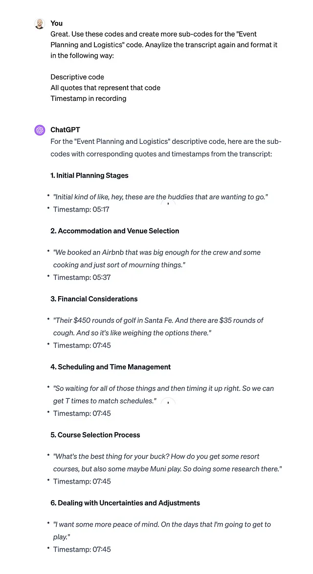 A conversation with ChatGPT asking to refine codes for the “Event Planning and Logistics” suggestion.