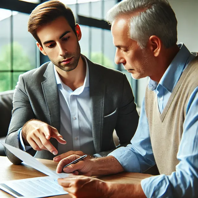 A financial advisor meeting with a client, reviewing financial documents in a professional setting.