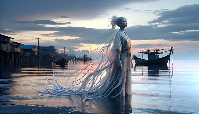 A image depicting a serene scene at dusk. A figure dressed in a white, flowing kimono-like outfit stands in shallow water, with long, ribbon-like extensions flowing from the outfit, reminiscent of jellyfish tentacles. The figure has pale skin and white hair adorned with delicate, white ornaments. Behind the figure, traditional wooden houses on stilts line the water, and a small wooden boat is anchored nearby. The sky is a blend of soft blues and warm pinks and oranges, reflecting on th