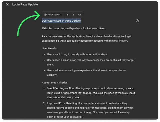 The image shows a “Login Page Update” document that outlines a user story for improving the log-in experience for returning users. The title is “Enhanced Log-In Experience for Returning Users,” and the user needs listed are quick access, clear credential recovery, and secure usability. Acceptance criteria include a simplified log-in flow with a “Remember Me” feature and better error handling. A green arrow points to a toolbar at the top, featuring options like “Ask ChatGPT,” bold, italics, and t